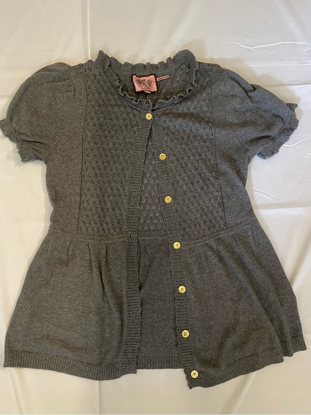Vintage 2009 Juicy Couture Gray Silk Cashmere Pointelle Cardigan Top L Y2K